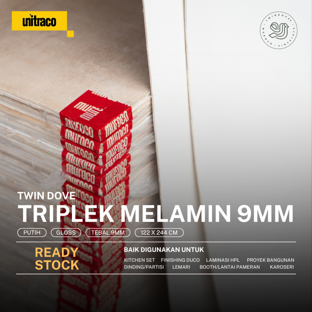 Twin Dove - Triplek Plywood Melamin 9mm (1 muka) Kilap/Gloss - Ukuran 122 x 244 cm - Putih