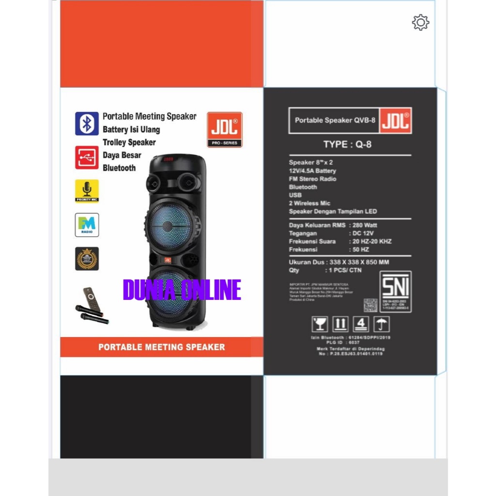 Speaker Portable Jdl 8 Inch Qvb8 /Qvb 8 / Qvb-8 Q8 Free 2 Mic Wireless