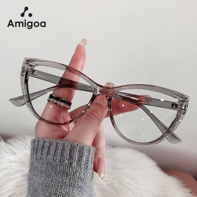 AMIGOA Kacamata Cat Eyes Wanita Transparent Frame Anti Cahaya Biru Kacamata Outdoor Kacamata Pelindu