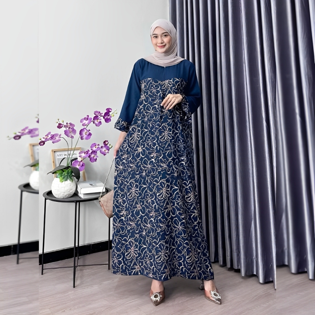 Daster Midi Dress Rayon Rempel Busui Lengan Panjang Kekinian Homedress Batik
