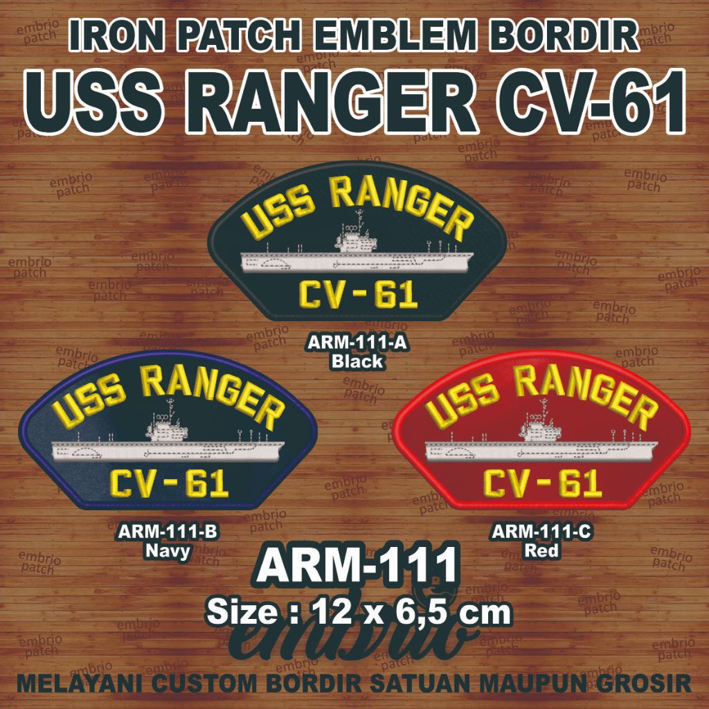 ARM-111-A PATCH U.S.S. RANGER CV-61 USS RANGER CV-61 USN Emblem Topi US Navy Kapal Induk Amerika - B