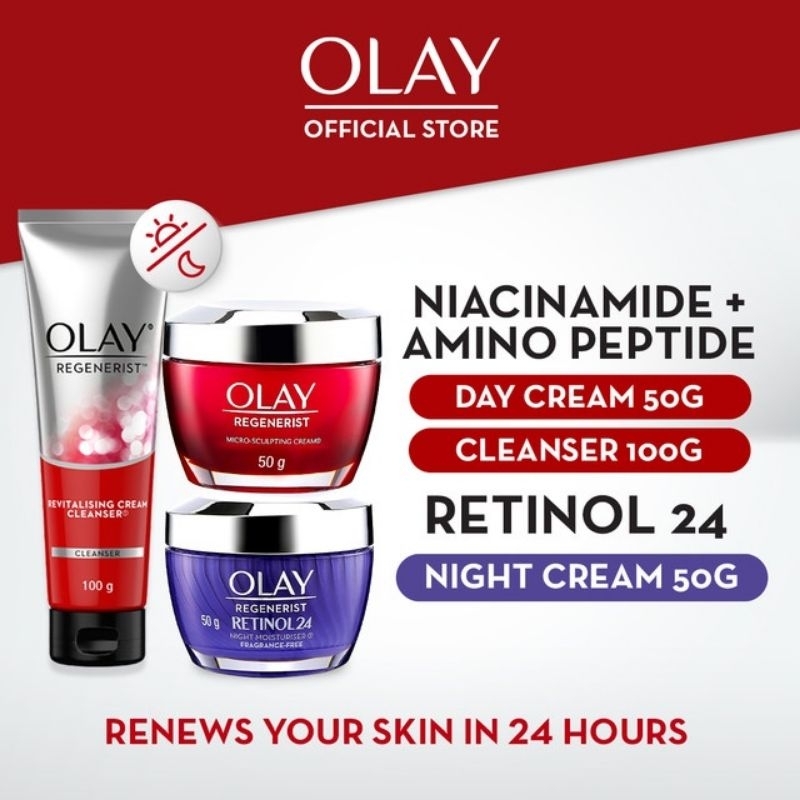 Paket hemat  olay Regenerist day cream 50 gr + Retinol 24 50gr + sabun wajah cleanser 100 gr