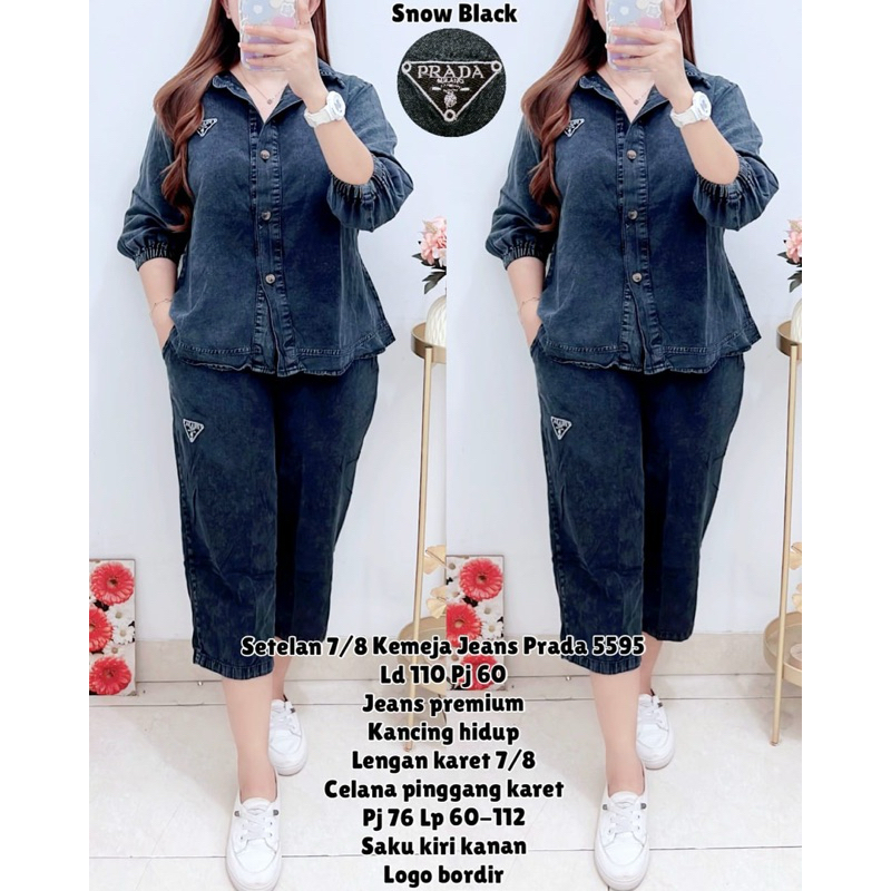 5595 SETELAN 7/8 KEMEJA JEANS LENGAN UJUNG KARET WANITA|SETELAN JEANS|ONE SET WANITA|ONE SET LD110