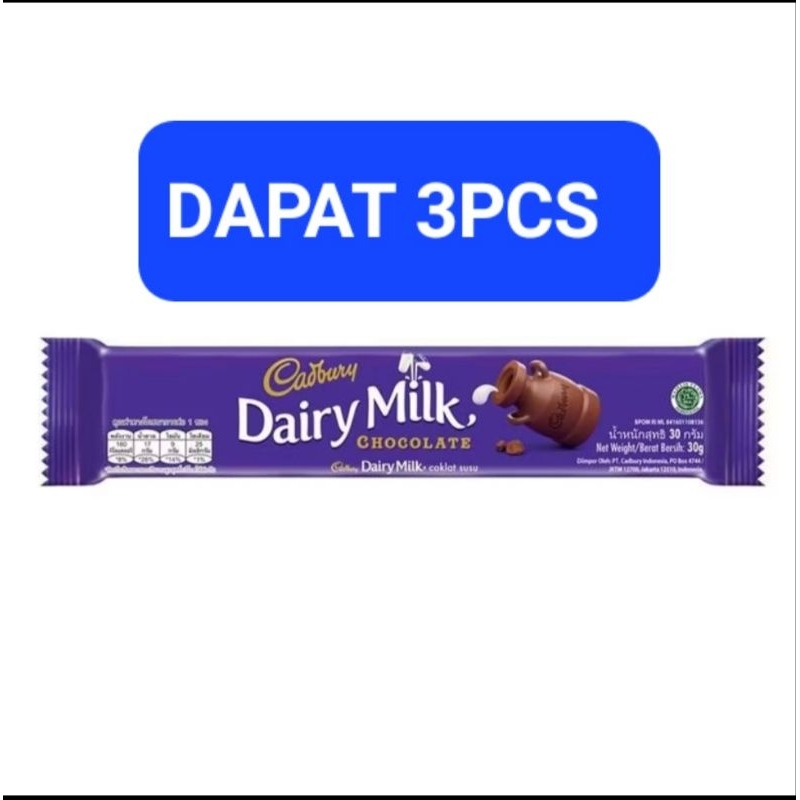 

COKLAT CADBURY DAIRY MILK 3PCS CHOCOLATE 30GRAM