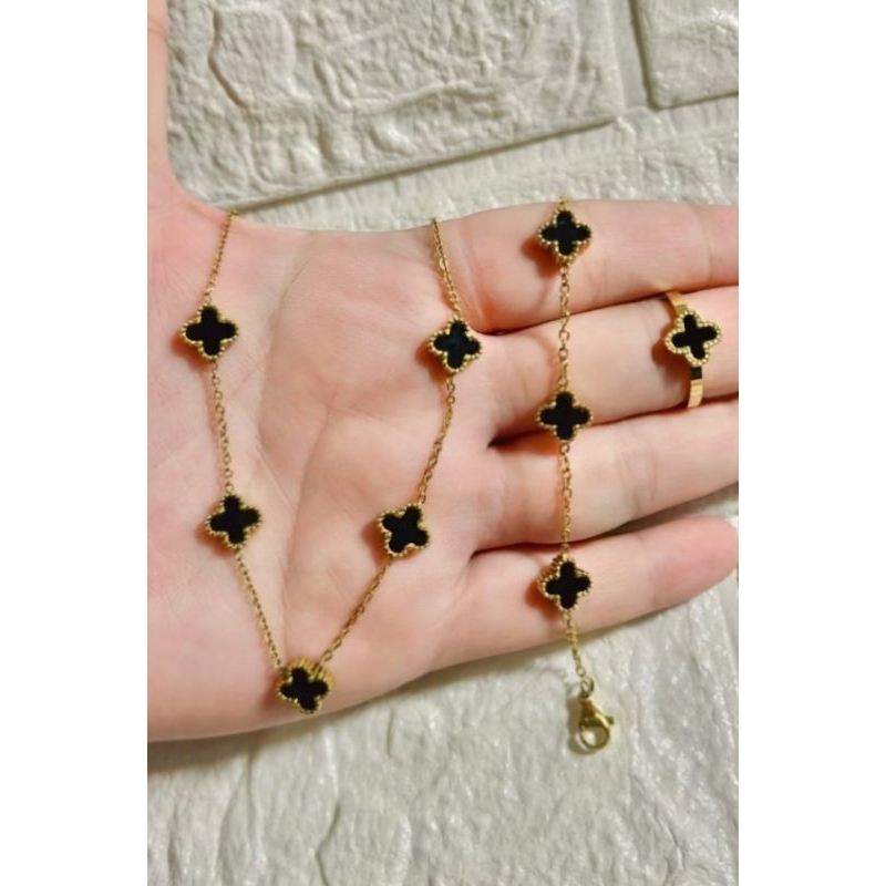 Set Titanium Clover Kalung Gelang dan Cincin Anti Karat Tidak Luntur COD by Rasa Finery Shop
