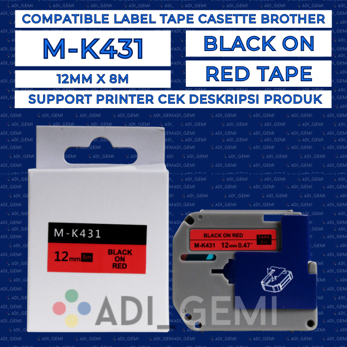 

Compatible TAPE Cartridge BROTHER M-K431 BLACK ON RED 12MMx8M