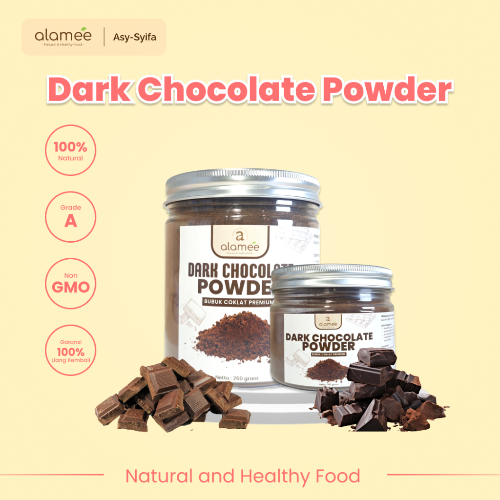 

ALAMEE Dark Chocolate Powder PREMIUM Minuman Bubuk Coklat Gluten Free Dark Cocoa Tanpa Gula 250gr