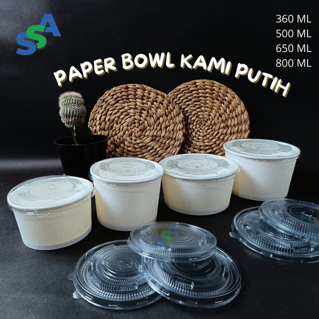 PAPER BOWL KAMI/ NESTO PUTIH + TUTUP / WADAH RICE BOWL / PAPER BOWL POLOS