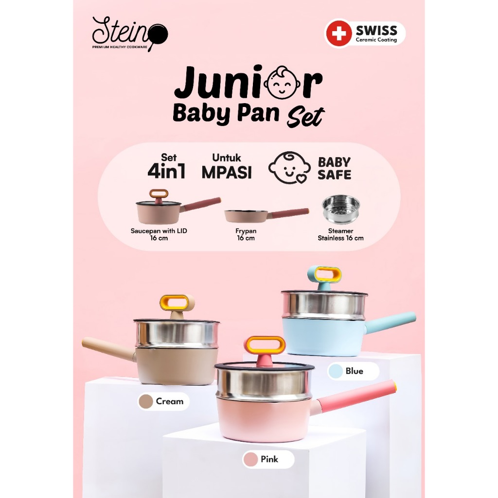 Steincoowkare Junior Baby Pan Set Panci MPASI - Panci Ceramic Cooking Frypan Saucepan Steamer 4in1