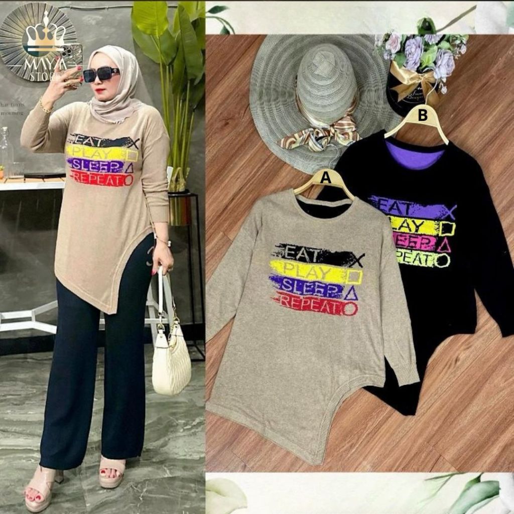 Tunik Rajut Import - Desain Asimetris "Eat Play Sleep Repeat" (LD 100-120 cm, Panjang 82 cm)
