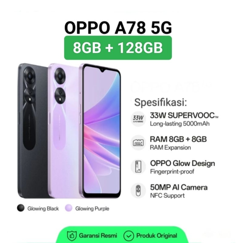 HP OPPO A78 5G 8/128 GB - RAM 8GB MEMORY INTERNAL 128GB GARANSI RESMI