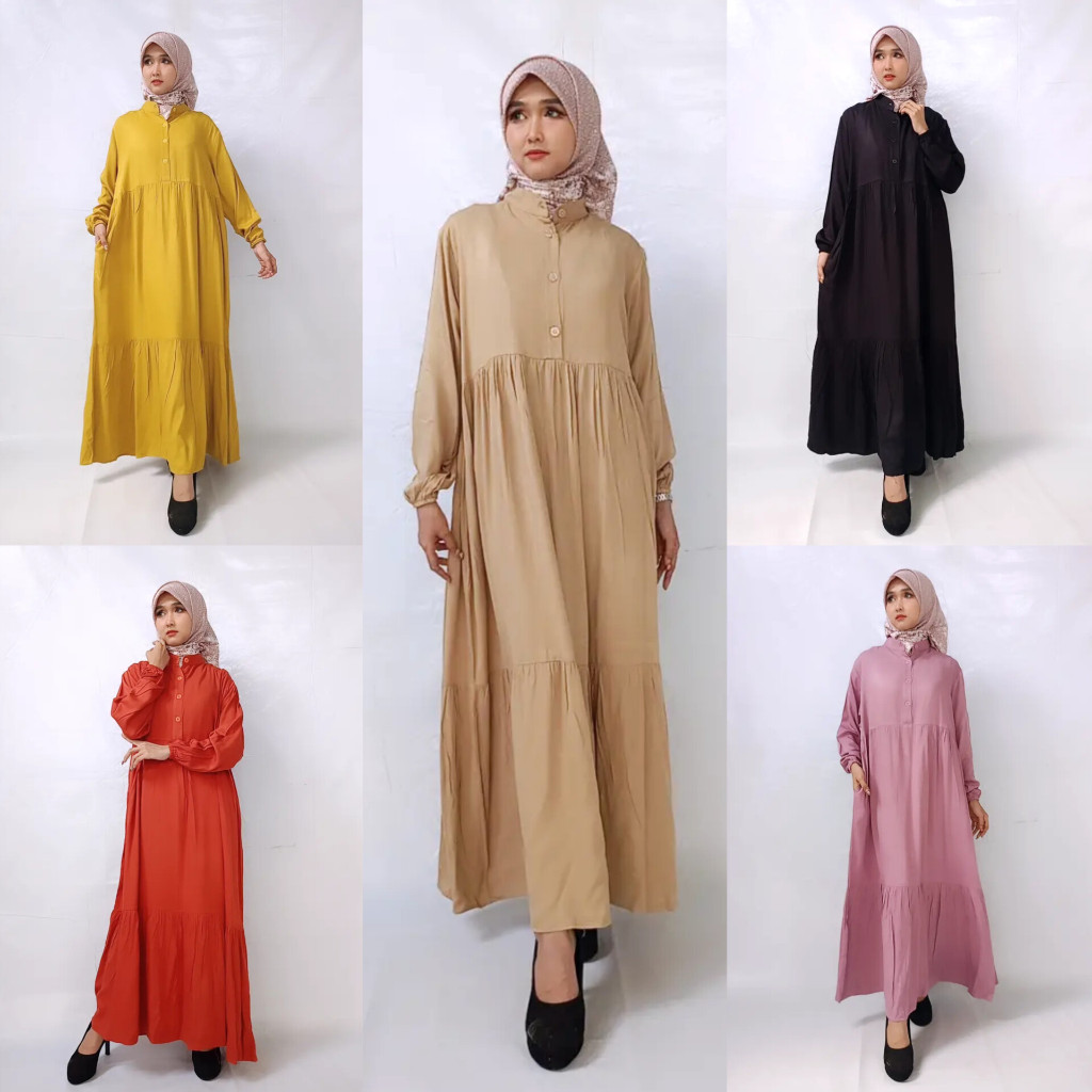 Gamis susun rayon twill premium// gamis wanita polos busui frendly kain rayon twill import