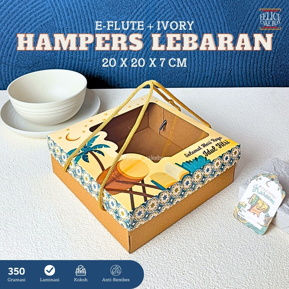 

BOX HAMPERS LEBARAN CORRUGATED TALI 20X20X7 CM / DUS LEBARAN EFLUTE / BOX IDUL FITRI HANDLE TALI / HAMPER LEBARABN EFLUTE IVORY