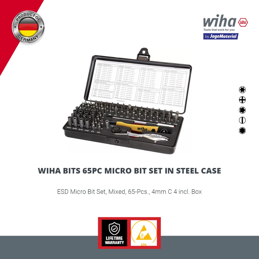 Wiha Bits 65PC Micro Bit; Set In Steel Case - Mata Obeng Set ESD