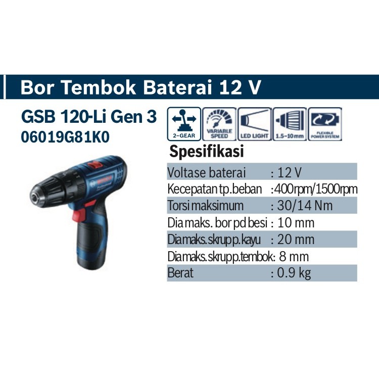 Mesin bor Cordless Bosch GSB 120 li