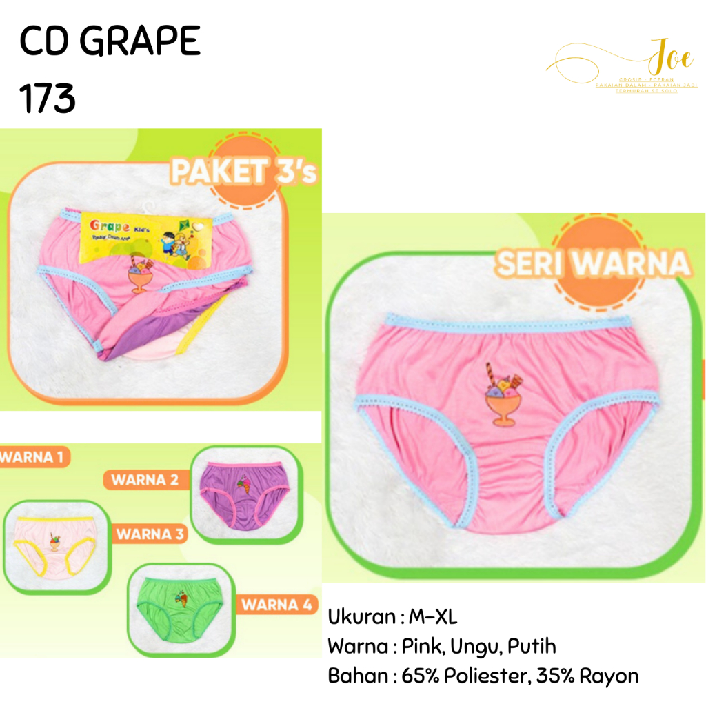 [ISI 3] CD GRAPE Anak 173 Motif Bunga Dasar Putih size M-XL / CD Perempuan Anak