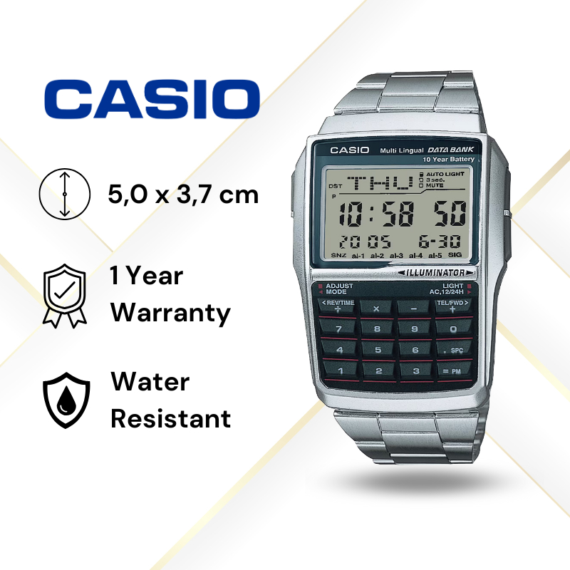 JAM TANGAN PRIA CASIO DATABANK DBC-32D-1A ORIGINAL - DBC32D DBC-32D KALKULATOR CALCULATOR SILVER CAS