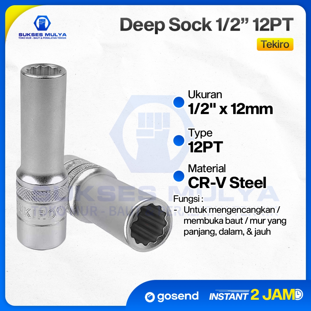 Mata Sok 12 mm Panjang TEKIRO Deep Wall Socket 12mm 1/2” 12 PT Mata Kunci Shock Sock Panjang Kunci S