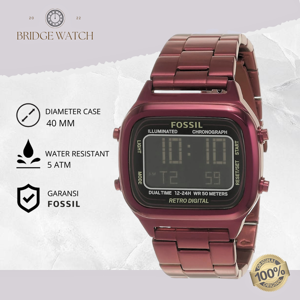 Jam Tangan Unisex Fossil Digital Retro FS5897 Original Boyfriend Analog Chronoghraph Red Maroon Stan