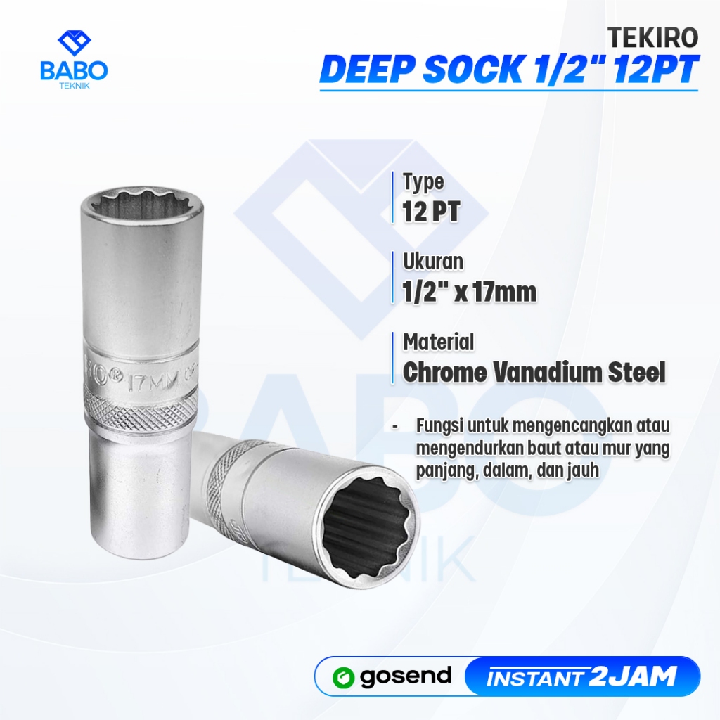 Tekiro Mata Sock Panjang 17 mm 1/2 Inch 12PT Kunci Sok Deep Wall Hand Socket