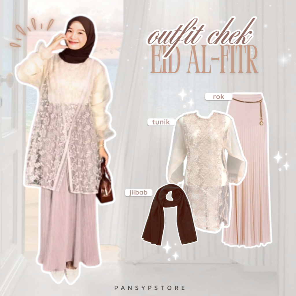 Eid Al-Fitr One Set Setelan Outer Tunik Brukat Dan Rok Lidi Plisket Bahan Premium Lebaran Elegan