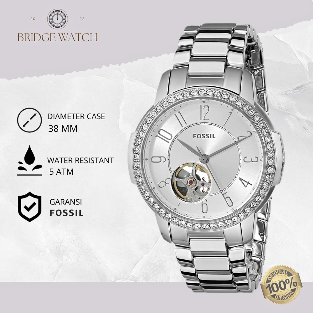 Jam Tangan Wanita Fossil Architect ME3057 Original Automatic Silver Stainless Steel Strap Rantai Cew