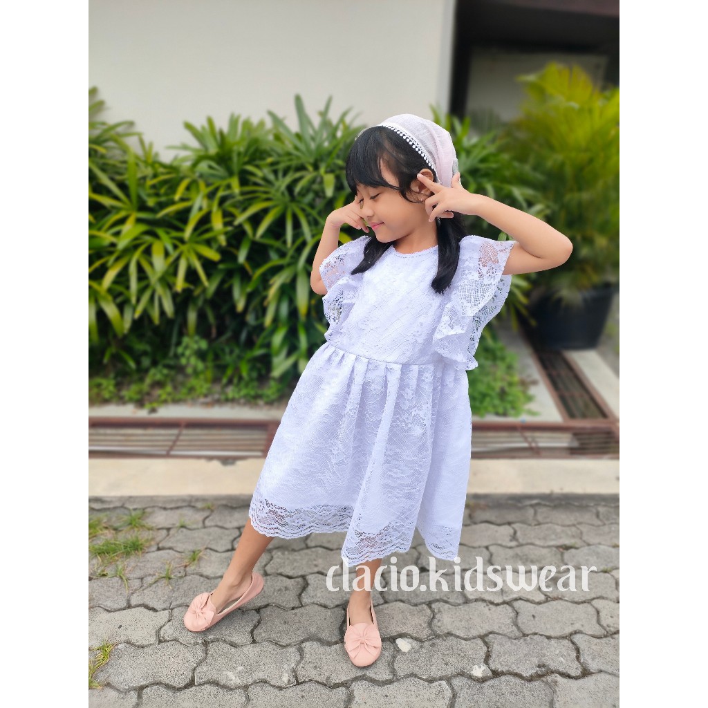 Dress Anak Warna Putih Bahan Brokat Dress Model Terbaru  Usia 1 - 10 Tahun COD By Clacio.kidswear