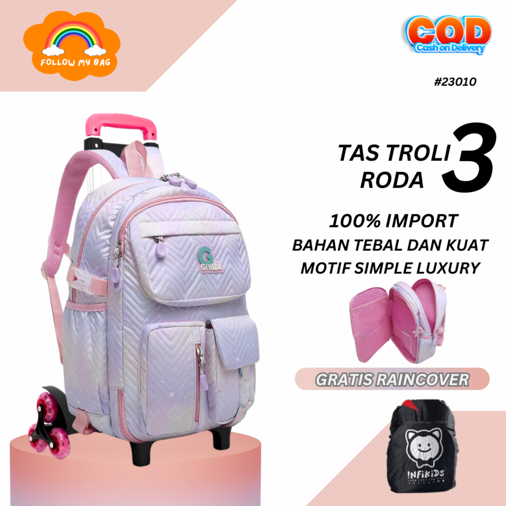 Tas Troli Sekolah Anak Perempuan Roda 3/Roda 6 Import Waterproof - FMB 8003 - Tas Trolley Anak Perem