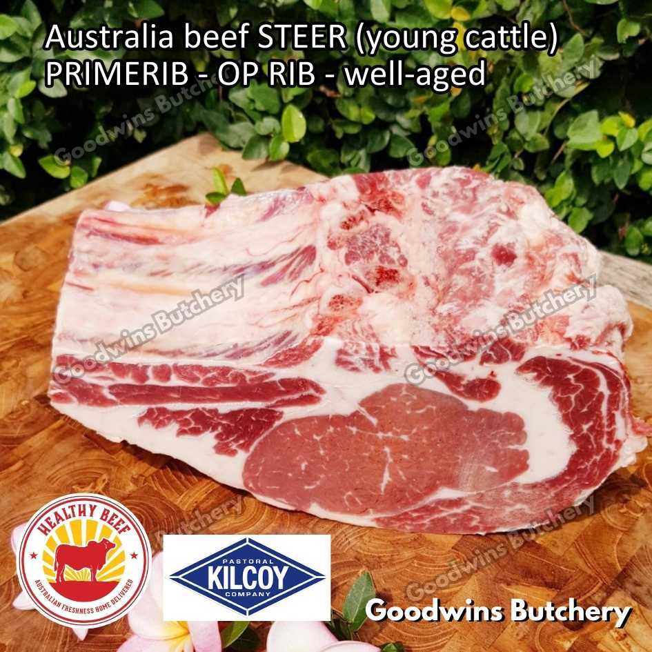 

Beef PRIMERIB OP RIB (Oven Prepared) Australia beef STEER (young cattle) Kilcoy Blue Diamond frozen well aged whole & half cuts