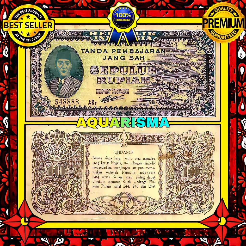 KOLEKSI NUMISMATIK - SOUVENIR UANG KUNO 10 RUPIAH INDONESIA SOEKARNO ORI I 1945