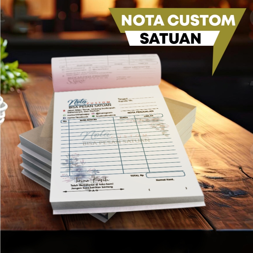 

Pesan Nota Satuan Custom Sesuai Kebutuhan Bisnis Anda, Hemat Biaya! ( ± 15,5 x 10cm)1/4 folio | bisa dipasang logo toko tanpa batasan jumlah warna | pesan satu buku bisa | nota tidak hanya sebagai data transaksi, tapi juga sebagai identitas toko