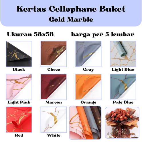 

[5 LEMBAR] Kertas Cellophane Buket Bunga [Gold Marble] Flower Wrapping Paper Celophane / Chellophane Murah untuk Snack Uang
