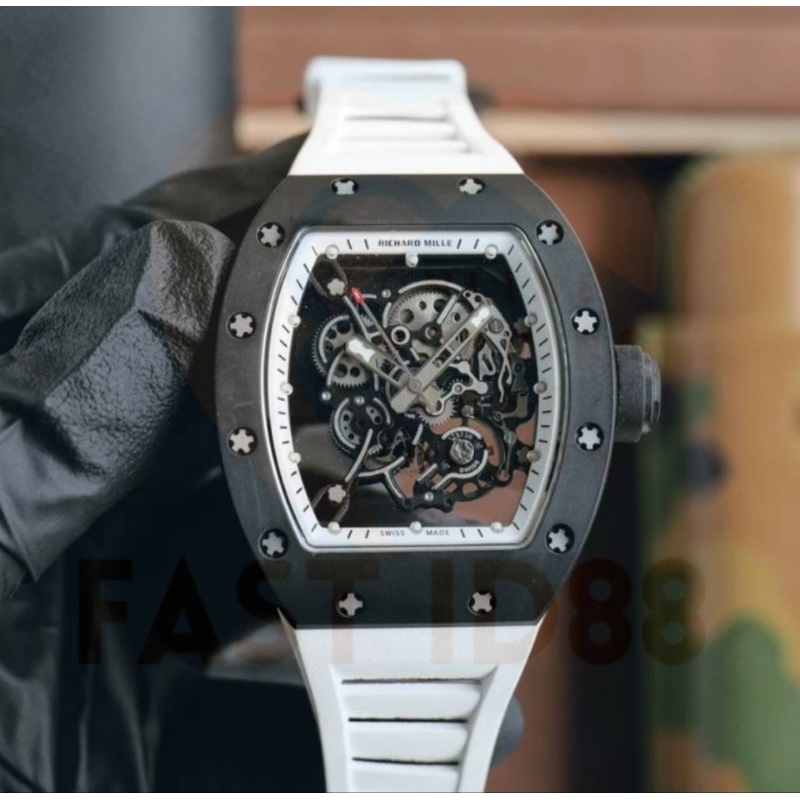 jam tangan pria rm055 Tourbilon skeleton dial rubber white strap 42mm