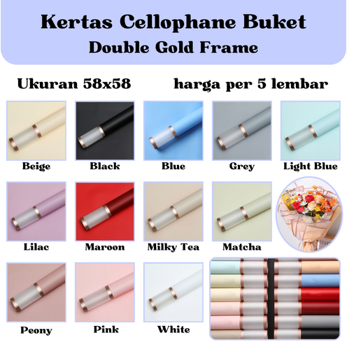 

[5 LEMBAR] Kertas Cellophane Buket Bunga [Double Gold Frame] Flower Wrapping Paper Celophane / Chellophane Murah untuk Snack Uang