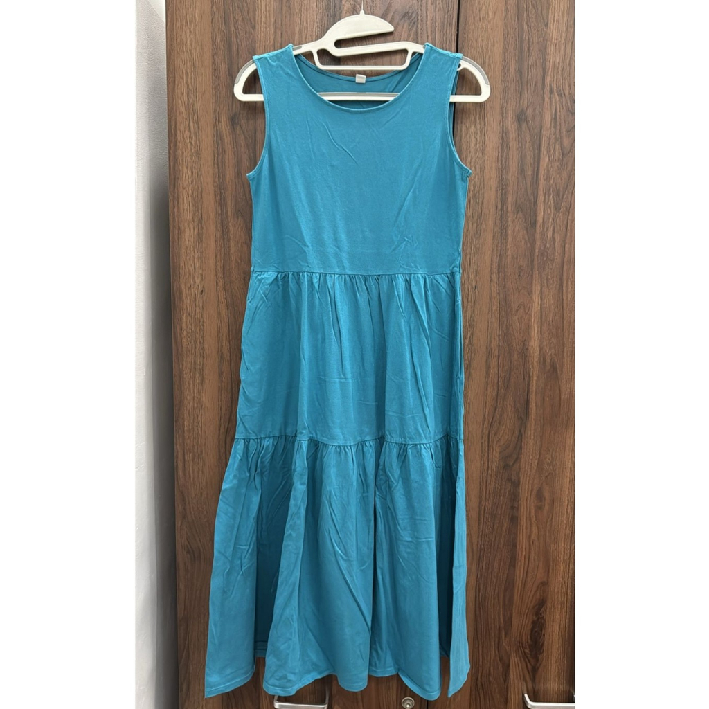PRELOVED UNIQLO LONG DRESS TOSCA DRESS PANJANG POLOS BASIC MAXI DRESS GOWN Gaun Tanpa Lengan Biru Hi