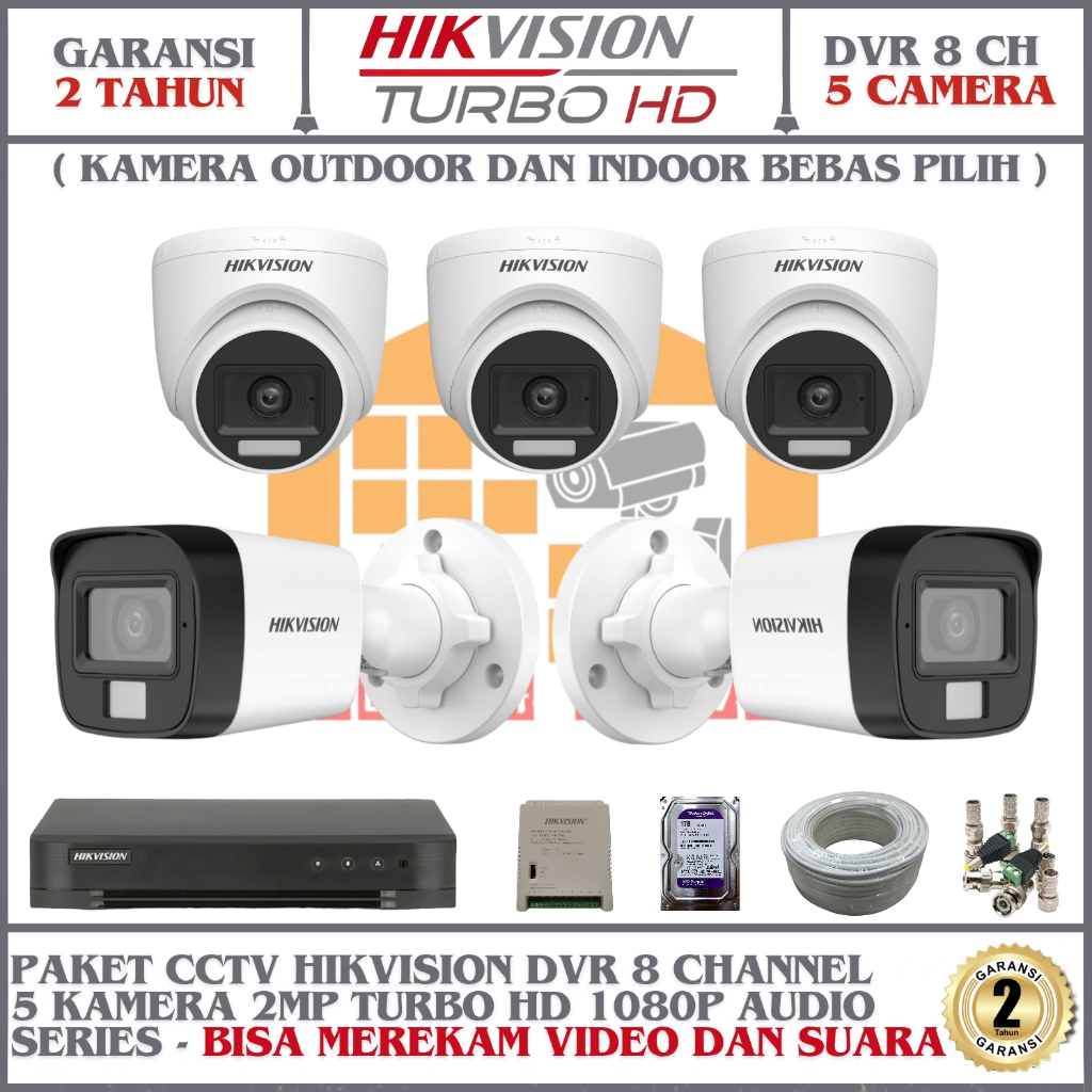 Paket CCTV Hikvision DVR 8 Channel 5 Kamera 2mp Hikvision Turbo HD 1080p Audio Series komplit