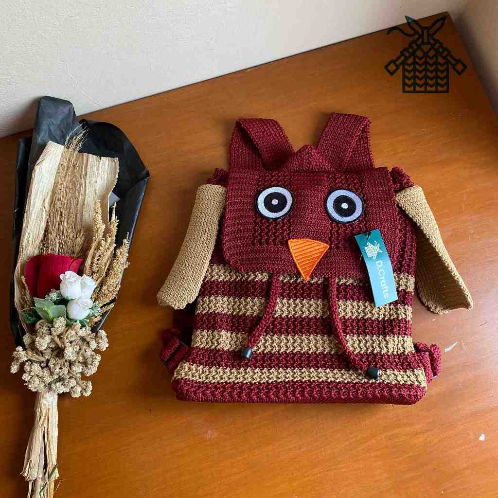 Tas gendong rajut karakter owl / ransel rajut anak karakter burung hantu