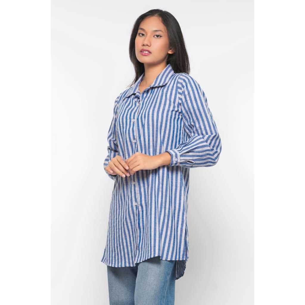 Beamish Tunik Kemeja Wanita Garis Atasan Kekinian Stripe Lengan Panjang T 3241102 | Biru Tua, Biru M