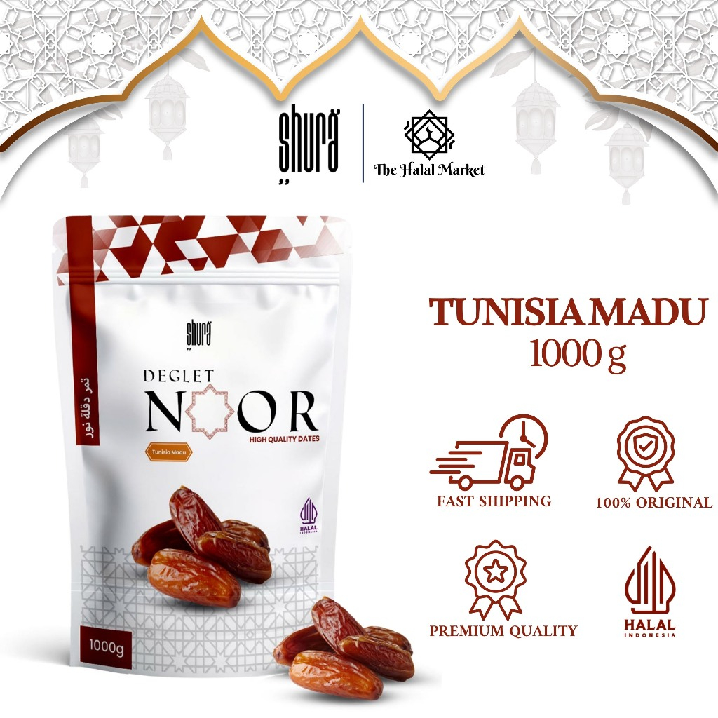 

Shura Kurma Tunisia Non Tangkai Deglet Noor Asli Tunisia Madu 100% Pouch 1kg