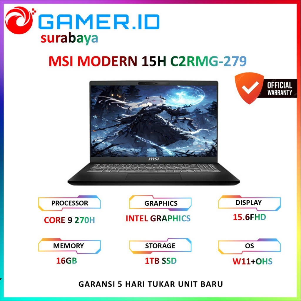LAPTOP MSI MODERN 15H CORE 9 270H 16GB 1TB 15.6FHD