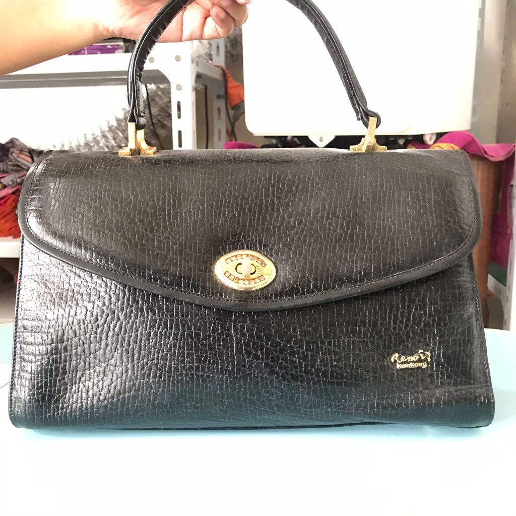 RENOIR KUMKANG Hand bag Kulit Asli Motif Croco | Hitam | Medium | Fafa Preloved Store