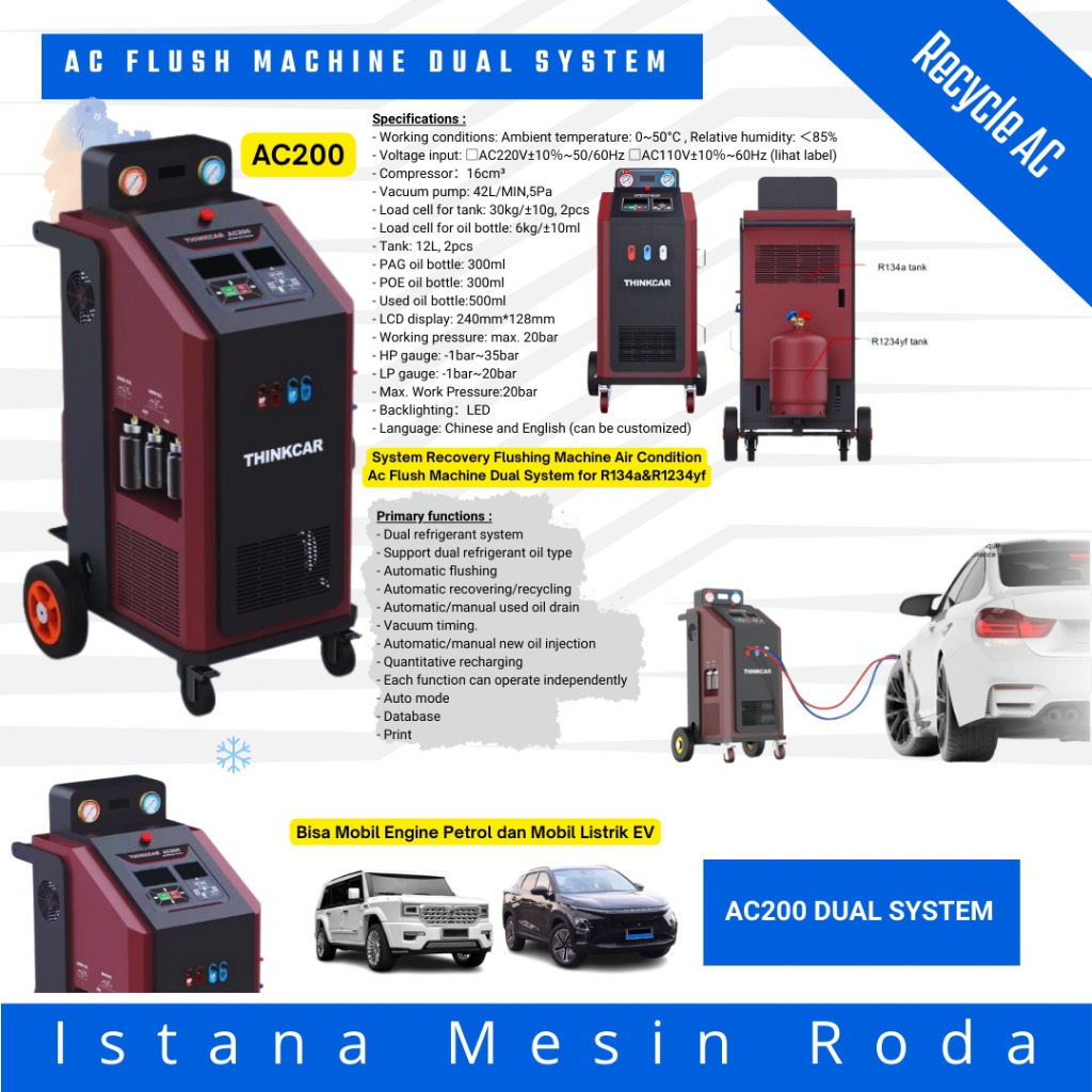 AC recycle Refrigent Vacum otomatis Printing out Result  ThinkCar AC200 bisa untuk mobi l Petrol dan