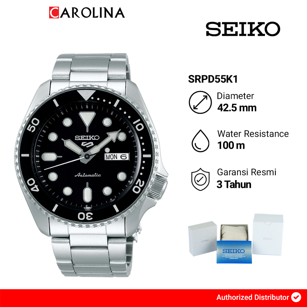 Jam Tangan Pria Seiko 5 Sports SRPD55K1 "Submariner" Automatic Black Dial Stainless Steel Strap
