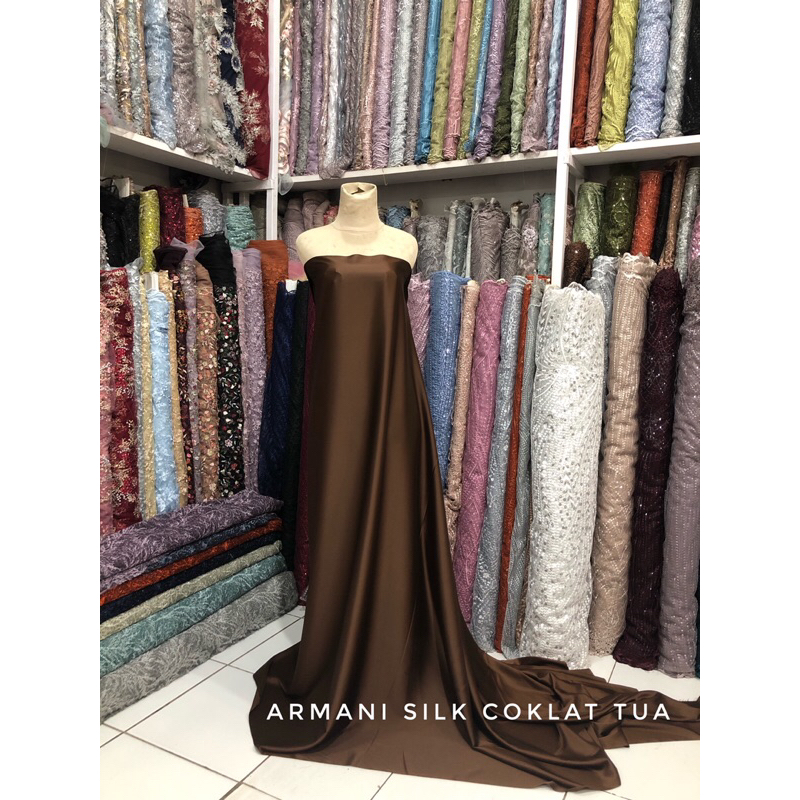 Kain Armani Silk Original, Satin Armani warna coklat tua Satin Sutra armany