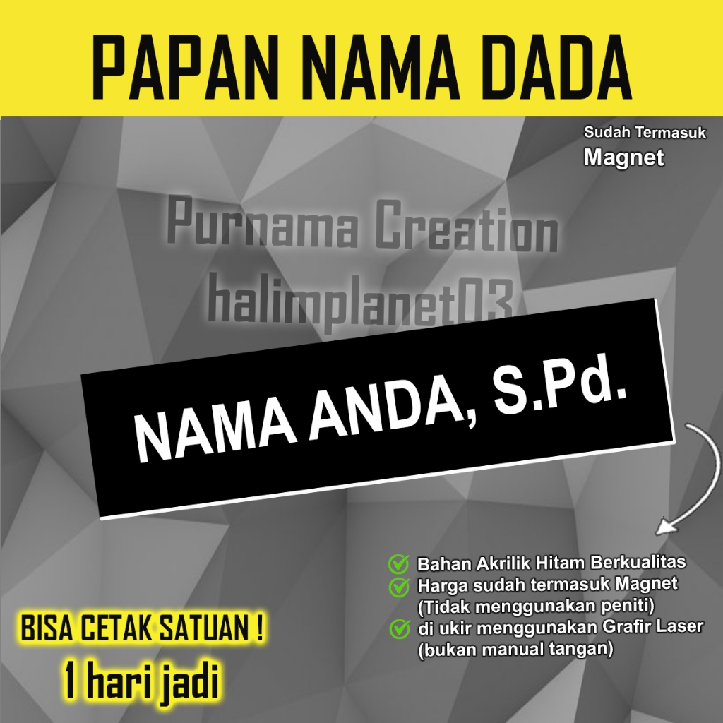 

Papan Nama Dada Name Tag Akrilik Hitam Magnet Glossy Grafir Laser SATUAN SEHARI JADI