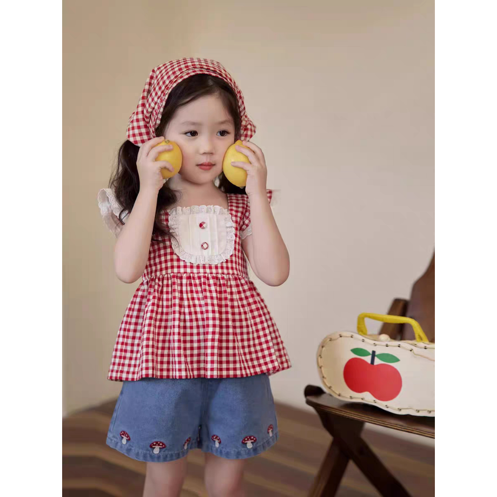 LaRubi - Setelan Baju Celana Red Riding Hood Anak Bayi Perempuan 6 12 Bulan 1 2 3 tahun merah jamur 