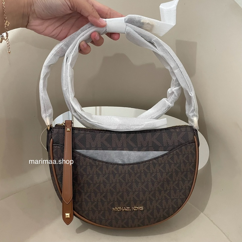 Tas michael kors mk dover half moon small in signature brown crossbody original authentics selempang
