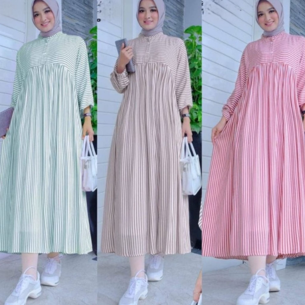 Pakaian Muslim Wanita Midi Dress Motif Salur Bahan Rayon Premium