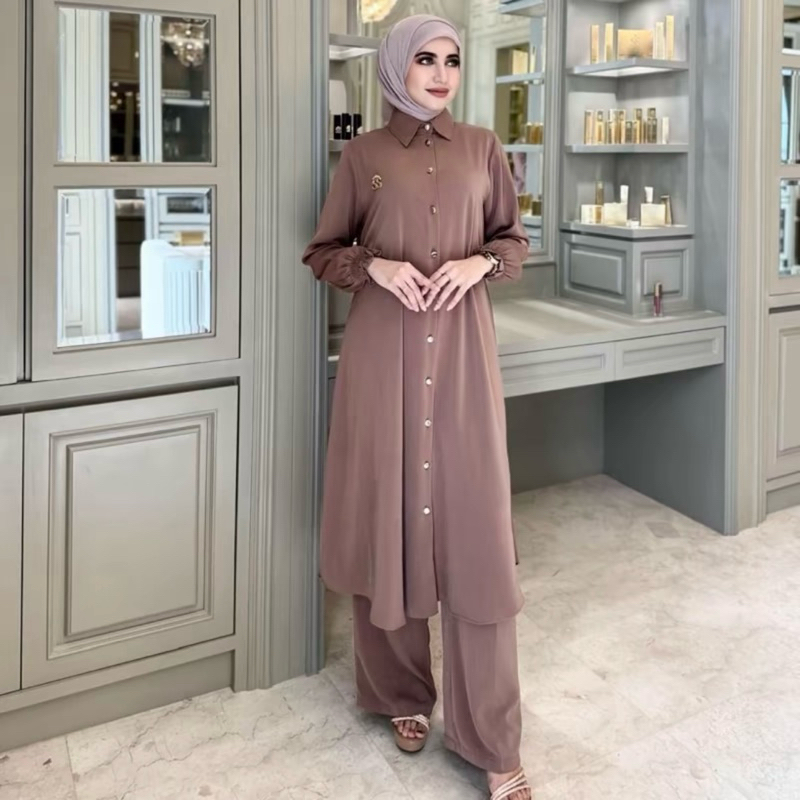 SHELLASAUKIA SETCEL LONG TUNIK POLOS FULL KANCING LENGAN SMOKE
