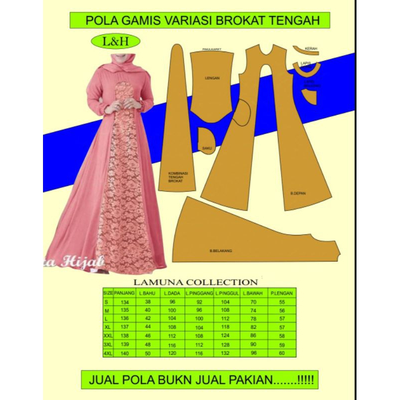 Pola gamis imut kombinasi brokat depan